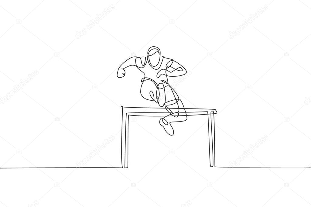 One continuous line drawing of young sporty man runner jumping obstacle at running track. Health activity sport concept. Dynamic single line draw design vector illustration for running event poster
