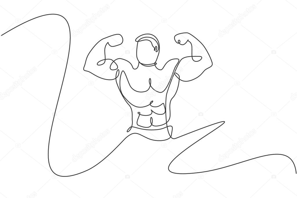 One single line drawing of young energetic model man bodybuilder pose charmingly vector illustration. Healthy workout concept. Modern continuous line draw design for bodybuilding club logo and icon