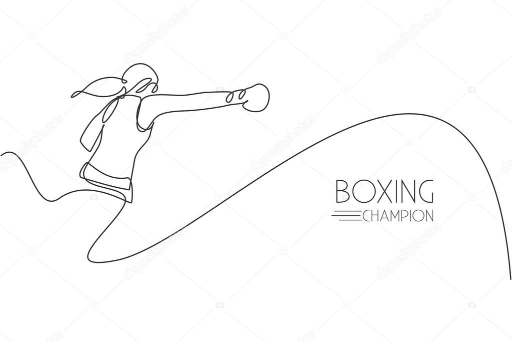 One continuous line drawing of young sporty woman boxer launch powerful punch. Competitive combat sport concept. Dynamic single line draw design vector illustration for boxing match promotion poster