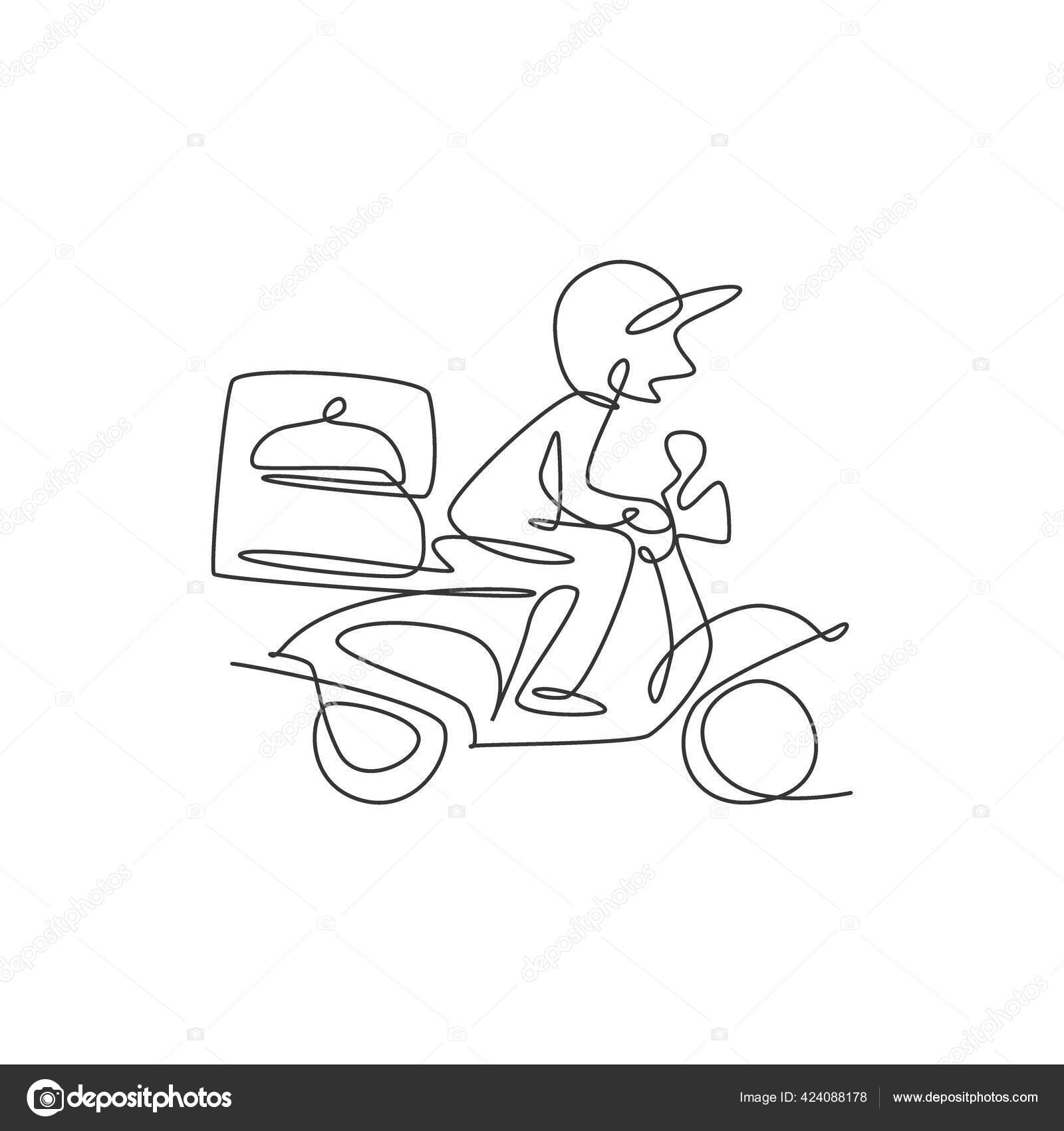 desenho de uma linha contínua motociclista andando de moto na