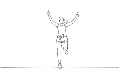 Genç bayan atlet atletlerin bitiş çizgisine ulaştığı kesintisiz bir çizgi. Bireysel spor, rekabetçi konsept. Rekabet posterini çalıştırmak için dinamik tek çizgi çizimi tasarım vektör çizimi çizimi çizimi