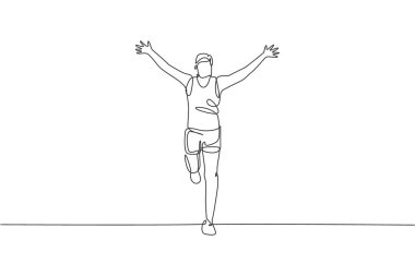 Genç atlet koşucunun bitiş çizgisine ulaşması. Bireysel spor, rekabetçi konsept. Rekabet posterini çalıştırmak için dinamik tek çizgi çizimi tasarım vektör çizimi çizimi çizimi