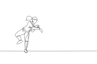 Genç enerjik kadın beyzbol oyuncusunun çizdiği tek bir çizgi top vektör illüstrasyonunu ortaya çıkarıyor. Spor eğitimi konsepti. Beyzbol turnuvası afişi için modern sürekli çizgi çizimi