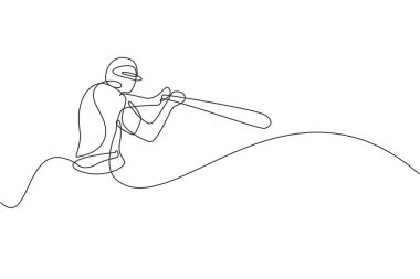 Genç enerjik beysbol oyuncusunun top vektör illüstrasyonuna vurmak için yaptığı tek bir çizim. Spor eğitimi konsepti. Beyzbol turnuvası afişi için modern sürekli çizgi çizimi