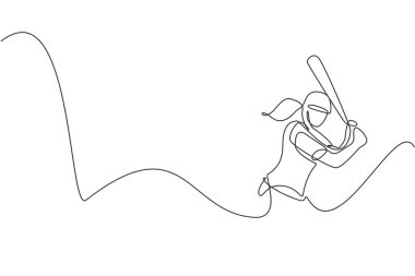 Genç sporcu kadın beyzbolcu treninin topa vurmak için durmaksızın çizdiği bir çizgi. Rekabetçi spor konsepti. Promosyon posteri için dinamik tek çizgi çizimi tasarım vektör çizimi grafiği