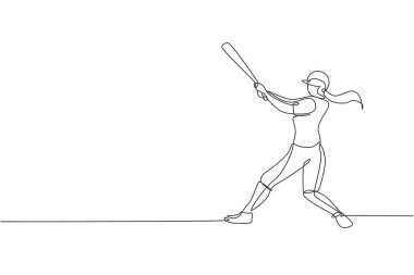 Genç enerjik kadın beysbol oyuncusunun top vektör illüstrasyonuna ulaşmak için yaptığı tek bir çizim. Spor eğitimi konsepti. Beyzbol turnuvası afişi için modern sürekli çizgi çizimi