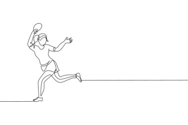 Genç sporcu kadın masa tenisçisinin topu yakalamak için sürekli çizdiği bir çizgi. Rekabetçi spor konsepti. Ping pong şampiyonası posteri için tek çizgi çizimi tasarım vektör çizimi