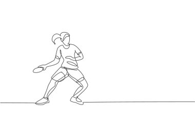 Genç enerjik bayan masa tenisçisinin çizdiği tek bir çizgi top vektör grafik illüstrasyonuna çarptı. Spor eğitimi konsepti. Ping pong turnuvası afişi için modern sürekli çizgi çizimi