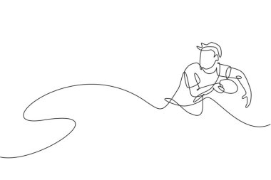 Enerjik bir masa tenisi oyuncusu odaklı tek bir çizgi çizimi rakip top vektör illüstrasyonunu elde eder. Spor eğitimi konsepti. Ping pong turnuvası afişi için modern sürekli çizgi çizimi