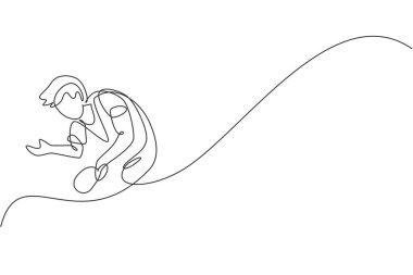 Genç çevik adam masa tenisçisinin aralıksız çizdiği tek çizgi topa servis yapıyor. Spor egzersiz konsepti. Bir satır ping pong turnuvası tanıtım medyası için tasarım vektör çizimi