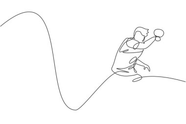 Genç çevik adam masa tenisçisinin sürekli çizdiği tek çizgi topa vurdu. Spor egzersiz konsepti. Bir satır ping pong turnuvası tanıtım medyası için tasarım vektör çizimi