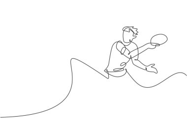 Genç enerjik masa tenisçisinin tek çizgi çizimi top vektör illüstrasyonuna hazır. Spor eğitimi konsepti. Ping pong turnuvası afişi için modern sürekli çizgi çizimi