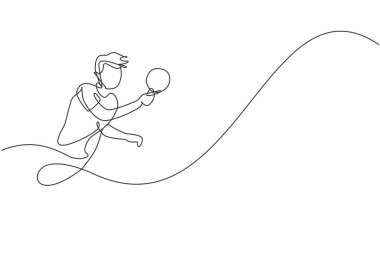 Genç çevik adam masa tenisçisinin sürekli çizdiği tek çizgi. Spor egzersiz konsepti. Bir satır ping pong turnuvası tanıtım medyası için tasarım vektör çizimi