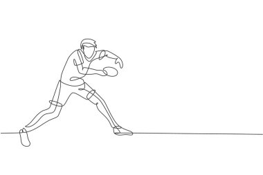 Genç enerjik masa tenisçisinin çizdiği tek bir çizgi savunma vektör grafik çizimi. Spor eğitimi konsepti. Ping pong turnuvası afişi için modern sürekli çizgi çizimi