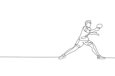 Genç sporcu masa tenisçisinin aralıksız çizdiği bir çizgi rakip topu tutuyor. Rekabetçi spor konsepti. Ping pong şampiyonası posteri için tek çizgi çizimi tasarım vektör çizimi
