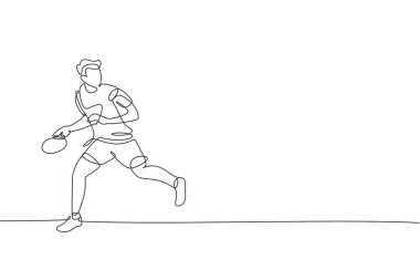 Genç enerjik masa tenisçisinin tek çizgi çizimi top vektör illüstrasyonunu yakalamak için koşuyor. Spor eğitimi konsepti. Ping pong turnuvası afişi için modern sürekli çizgi çizimi