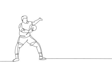 Genç çevik adam masa tenisçisinin topa vuruşunun aralıksız çizdiği tek çizgi. Spor egzersiz konsepti. Bir satır ping pong turnuvası tanıtım medyası için tasarım vektör çizimi