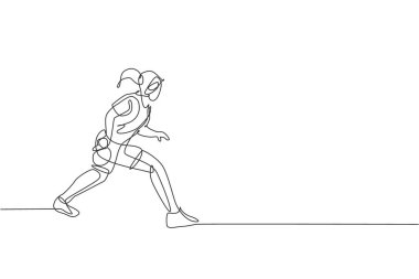 Genç çevik kadın masa tenisçisinin sürekli çizdiği tek çizgi pratiğe odaklanıyor. Spor egzersiz konsepti. Ping pong tanıtım medyası için bir satır tasarım vektör grafik çizimi