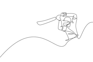 Genç ve enerjik kriket oyuncusunun çizdiği tek bir çizgi stadyum grafik çiziminde topa vurdu. Spor konsepti. Kriket yarışması afişi için modern sürekli çizgi çizimi tasarımı