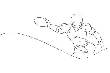 Lig terfisi için topu yakalamak için genç ve enerjik Amerikan futbolcunun tek çizgi çizimi. Spor yarışması konsepti. Modern sürekli çizgi çizimi tasarım vektörü illüstrasyonu