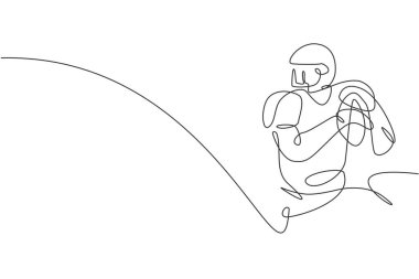 Genç ve enerjik bir Amerikan futbolcusunu takım arkadaşlarına pas vermeye hazırlayan tek bir çizgi. Spor yarışması konsepti. Modern sürekli çizgi çizimi tasarım grafik vektör çizimi