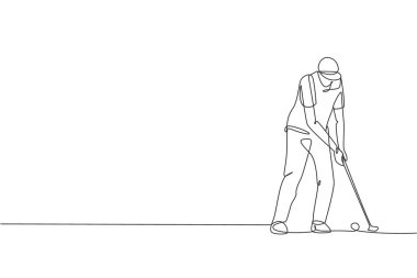 Genç mutlu golfçünün aralıksız çizdiği tek çizgi topa vurmak için golf sopasını sallıyor. Hobi spor konsepti. Golf turnuvası tanıtım medyası için bir satır tasarım vektör çizimi
