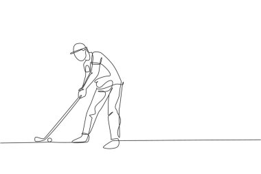 Genç sporcu golfçünün çizdiği tek bir çizgi golf sopası çizimi grafiği kullanarak topa vurdu. Sağlıklı spor anlayışı. Golf turnuvası posteri için modern sürekli çizgi çizimi