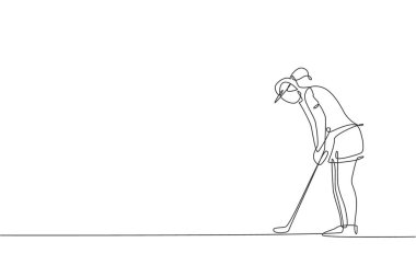 Genç sporcu golfçünün çizdiği tek bir çizgi golf sopası çizimi ile topa vurdu. Sağlıklı spor anlayışı. Golf turnuvası posteri için modern sürekli çizgi çizimi