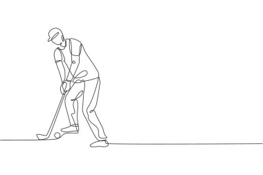 Genç sporcu golfçünün çizdiği tek bir çizgi golf sopası çizimi ile topa vurdu. Sağlıklı spor anlayışı. Golf turnuvası posteri için modern sürekli çizgi çizimi