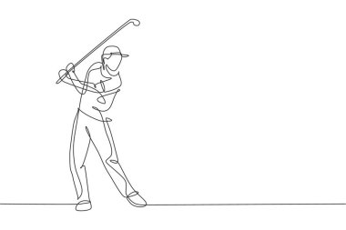 Genç mutlu golfçünün aralıksız çizdiği tek çizgi topa vurmak için golf sopasını sallıyor. Hobi spor konsepti. Golf turnuvası tanıtım medyası için bir satır tasarım vektör çizimi