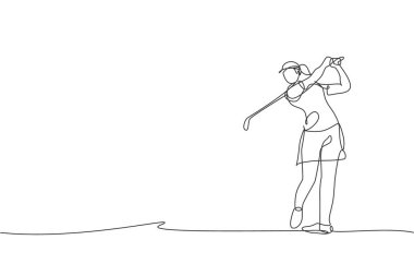 Genç golfçünün sürekli çizdiği golf sopası ve topa vuruşu. Eğlence sporu konsepti. Turnuva tanıtım medyası için dinamik tek çizgi tasarım vektör grafik çizimi