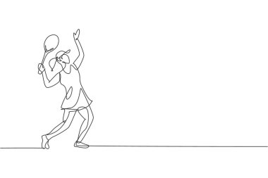 Genç enerjik bayan tenisçinin tek bir çizimi servis topu illüstrasyonuna hazır. Spor eğitimi konsepti. Tenis turnuvası afişi için modern sürekli çizgi çizimi