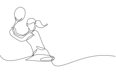 Genç ve mutlu bayan tenisçinin sürekli çizdiği bir çizgi topa vurdu. Rekabetçi spor konsepti. Turnuva tanıtım posteri için dinamik tek satır çizimi tasarım vektörü çizimi