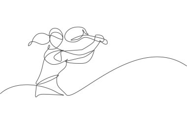 Genç ve mutlu bayan tenisçinin sürekli çizdiği bir çizgi topa vurdu. Rekabetçi spor konsepti. Turnuva tanıtım posteri için dinamik tek çizgi çizimi tasarım vektör çizimi grafiği