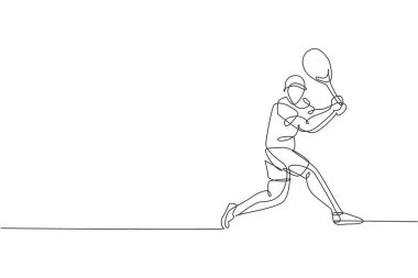 Genç çevik tenisçinin sürekli çizdiği tek çizgi rakip topa vurmaya hazırlanıyor. Spor egzersiz konsepti. Tenis turnuvası tanıtım medyası için bir satır tasarım vektörü çizimi