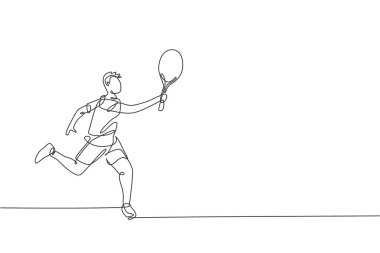 Genç çevik adam tenis oyuncusu defansının aralıksız çizdiği tek çizgi ve topu tut. Spor egzersiz konsepti. Tenis turnuvası tanıtım medyası için bir satır tasarım vektörü çizimi