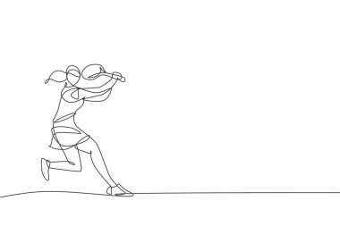 Genç ve mutlu bayan tenisçinin sürekli çizdiği bir çizgi rakibinin topuna vurdu. Rekabetçi spor konsepti. Turnuva tanıtım posteri için dinamik tek satır çizimi tasarım vektörü çizimi