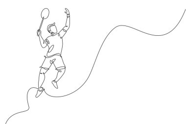Tek sıra halinde genç, çevik badminton oyuncusunun uçan top vuruşunu çekiyor. Rekabetçi spor konsepti. Badminton turnuva yayını için bir satır çizimi grafik vektör çizimi