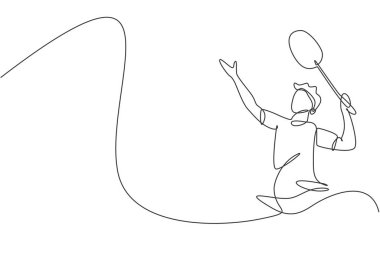 Genç badminton oyuncusunun aralıksız çizdiği bir çizim raketle servis horozuna çarptı. Rekabetçi spor konsepti. Turnuva tanıtım pankartı için dinamik tek satır çizimi tasarım vektör ilüstrasyonu