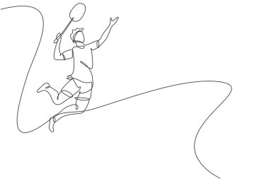 Genç, çevik badminton oyuncusunun sürekli çizdiği tek çizgi atlayıp topu eziyor. Spor egzersiz konsepti. Badminton turnuva yayını için bir satır tasarım vektörü çizimi