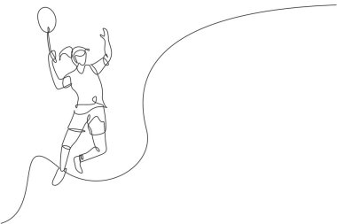 Badminton 'lu genç oyuncunun sürekli çizdiği çizgiler, raketle mekiklere çarpıyor. Rekabetçi spor konsepti. Turnuva tanıtım posteri için dinamik tek satır çizimi tasarım vektörü çizimi