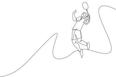 Genç ve enerjik badminton oyuncusunun zıpladığı tek bir çizgi çizimi ve mekik horozu çizimini ezmek. Sağlıklı spor anlayışı. Badminton turnuva posteri için modern sürekli çizim tasarımı