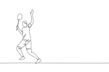 Genç, çevik badminton oyuncusunun sürekli çizdiği tek çizgi, mekiklere çarptı. Rekabetçi spor konsepti. Badminton turnuvası yayın medyası için bir satır tasarım vektör çizimi