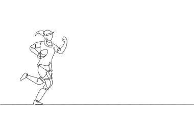 Genç enerjik rugby oyuncusunun tek çizgi çizimi koşuyor ve top vektör illüstrasyonunu tutuyor. Sağlıklı spor anlayışı. Basketbol turnuvası posteri için modern sürekli çizgi çizimi tasarımı