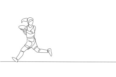 Genç rugby oyuncusunu sürekli çeken bir çizgi. Koş ve topu yakala. Rekabetçi agresif spor konsepti. Turnuva tanıtım posteri için dinamik tek çizgi tasarım vektör grafiksel çizimi