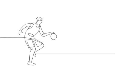 Genç enerjik basketbolcu treninin tek çizgi çizimi Court graphic vektör illüstrasyonu. Spor yarışması konsepti. Basketbol turnuvası posteri için modern sürekli çizgi çizimi tasarımı