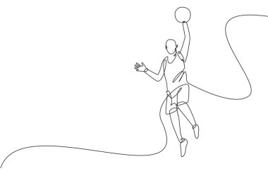 Genç basketbolcunun topa atlamak için zıpladığı kesintisiz bir çizgi. Takım sporu konsepti. Kolej basket takımı için dinamik tek çizgi çizimi tasarım vektör ilüstrasyonu