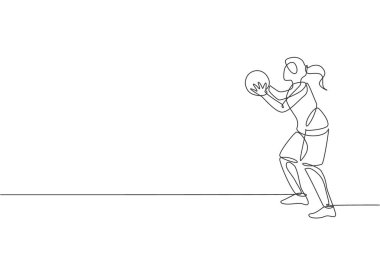 Genç basketbolcunun top attığı tek sıra. Rekabetçi spor konsepti. Basketbol turnuvası tanıtım medyası için bir satır tasarım grafik vektör çizimi