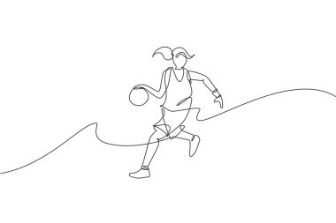 Genç, çevik basketbolcu kadın oyuncunun top sürdüğü bir çizgi. Takım çalışması rekabetçi spor konsepti. Turnuva posteri için dinamik tek satır çizimi tasarım vektörü çizimi