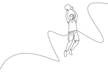 Genç ve enerjik basketbolcunun zıpladığı ve top vektör resimlerini çektiği tek bir çizgi. Sağlıklı spor anlayışı. Basketbol turnuvası afişi için modern sürekli çizgi çizimi